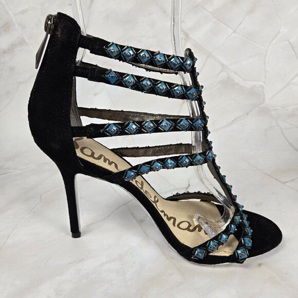 Sam Edelman Sz 8M Alina Black Turquoise Strappy Leather High Heels Zip Back NWOT - Picture 10 of 16